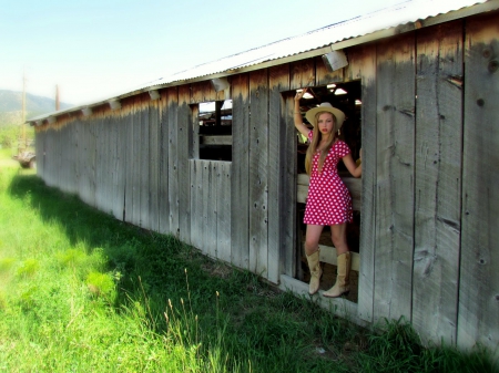 Cowgirl and Country Life - hat, mountain, cowgirl, wooden, boots, wood, grass, barn, dress, blonde