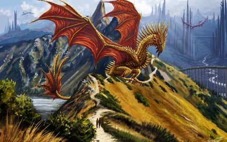 dragon - dragon, mountain, grass, river