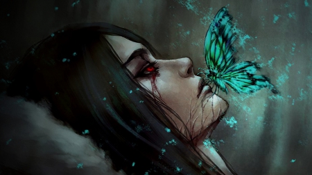 Comfort from a Butterfly - red eyes, tears, butterfly, blood, fantasy