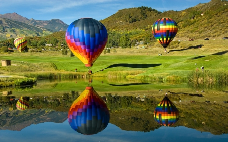 ballooning reflection - lake, mountian, balloon, grass