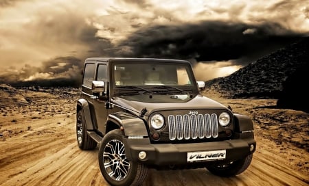 Sunset - Jeep - jeep, sunset, road, clouds