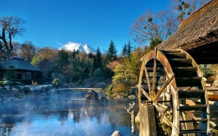 Lake - mountains, lake, mill, trees