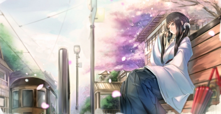 Black Hair - nice, black hiar, sky, female, anime girl, train, pretty, umbrella, petals, anime, lamp, kimono, lovley, scene, station, girl, long hair, cg, hd, train station, blossom, scenery, yukata, sweet, pole, flower