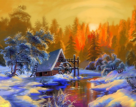 'Mill in the Winter' - winter, attractions in dreams, creative pre-made, beautiful, paintings, snow, colors, xmas and new year, nature, landscapes, mills, love four seasons, draw and paint