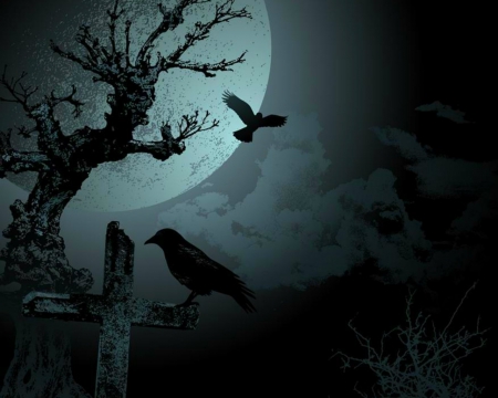 Halloween Night - moon, halloween, tree, birds