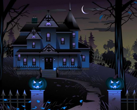 Halloween Night - house, gate, Halloween, pumpkins