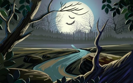 Halloween Night - moon, river, trees, Halloween, night