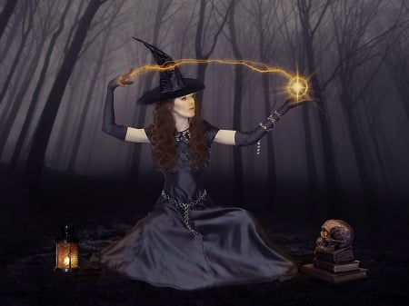 Magical - skull, hat, magic, sphere, gloves, witch, halloween, forest, lantern, woods, books, lightning, dress