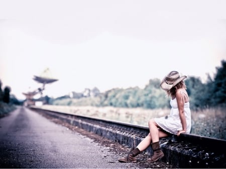 Cowgirl in A Lonely Situation - women, tracks, female, boots, hats, girls, cowgirls, style, trains, westerns