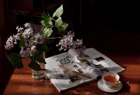 Still Life - flowers, still life, pencil, cup