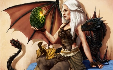 Daenerys Targaryen - egg, girl, art, fantasy, game of thrones, dragon, princess, daenerys targaryen, woman, queen, green