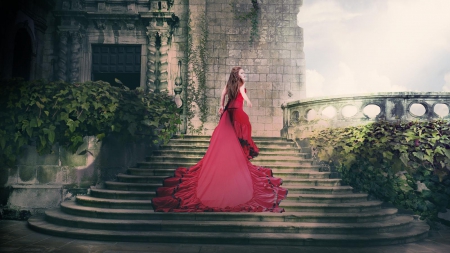 Fantasy Woman on Stairs - abstract, fantasy, stairs, woman, red dress