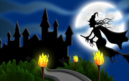 Halloween night - moon, silhouette, light, night, black, fantasy, fire, witch, halloween, castle, blue, green