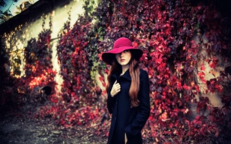 Mysterious Girl - wall, woman, hat, model