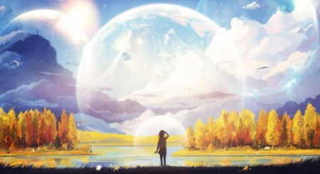 Beautiful Autumn - nice, beauty, sky, female, magic, sun, e scenery, anime girl, fantasy, glowing, pretty, cloud, sunray, anime, planet, moon, sunlight, girl, light, lovely, nature, bright, glow, beautiful, autume, sweet, ray, scen, sghining