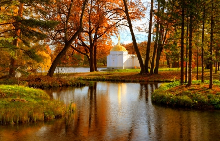 Church in autumn park - autumn, trees, foliage, fall, pretty, reflection, chapel, lovewly, branches, lake, park, serenity, church, tranquil, beautiful, leaves, colors