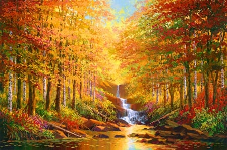 Hidden falls - trees, beautiful, creek, stream, forest, fall, colorful, river, waterfall, painting, serenity, hidden, art, foliage