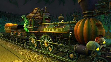 Spirit Of Halloween Train - tracks, trees, pumpkins, Halloween, coffins, caskets, frankenstein, casket, train, jack o lanterns, coffin, rocks