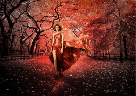 Autumn Colors - woman, fall, trees, forest, leaves, colors, dress