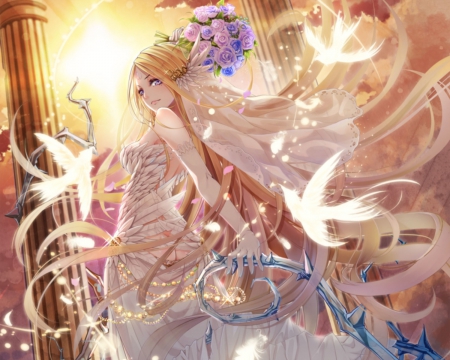 Thorn Wed - bird, anime, female, maiden, dress, blond hair, long hair, gorgeous, blond, hd, thorn, bride, gown, anime girl, realistic, beautiful, hot, wedding, girl, feather, flower, petals, bouquet, cg, blososm, lady, floral, sexy, beauyt