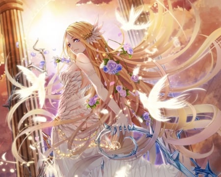 Thorn Wed - bird, anime, female, maiden, dress, blond hair, long hair, gorgeous, blond, hd, thorn, bride, gown, anime girl, realistic, beautiful, hot, wedding, girl, feather, flower, petals, bouquet, cg, blososm, lady, floral, sexy, beauyt