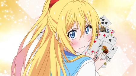 Blushing Hand of Cards - kirisaki, big eyes, blonde, chitoge, playing cards, anime, cards, anime girl, school uniform, chitoge kirisaki, seifuku, blushing, bow, red bow, nisekoi, blue eyes