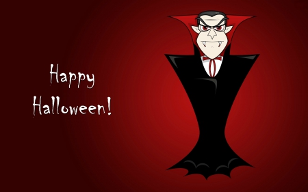 Happy Halloween - vampire, black, white, halloween, happy halloween, red, fangs, cape, dracula