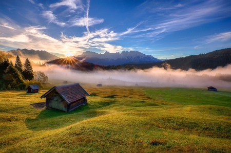 Misty Morning In Upper Bavaria - sunbeams, sky, trees, meadows, field, mountains, huts, beautiful, sunrise