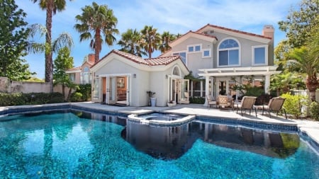 beautiful mansion - mansion, tree, sky, pool