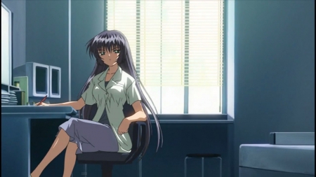 Desktop - beauty, nice, female, anime girl, home, pretty, window, anime, house, desktop, air, girl, shirt, computer, long hair, purple hair, lovely, chair, beautiful, monitor, sweet