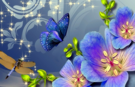 âœ¿âŠ±â€¢â•®Fragranceâ•­â€¢âŠ°âœ¿ - dragonflies, fragrance, animals, creative pre-made, softness, purple, pretty, digital art, lovely still life, butterflies, lovely, love four seasons, beautiful, blue, splendor, flowers, colors, butterfly designs