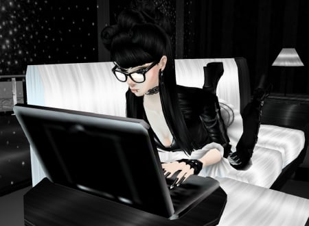 On the laptop - black, imvu, avatar, white, 3d, laptop, chat