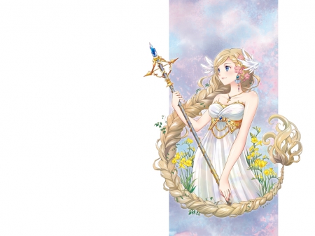 Freesia - beauty, nic, female, blond, simple, anime girl, e pretty, white, blond hair, blonde hair, spear, anime, lovley, maiden, lady, girl, longhair, braids, lance, plain, beautiful, weapon, sweet, dress, blonde, flower