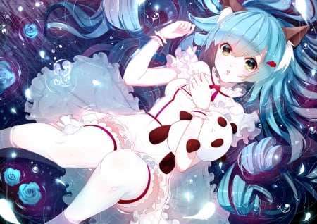 Mi - nice, beauty, female, sundress, water, twintail, anime girl, rose, bubbles, laying, pretty, petals, anime, twin tail, cute, adorable, girl, twintails, lay, lovely, ubbles, blue rose, blue hair, kawaii, floral, twin tails, beautiful, blossom, sweet, dress, lolita, flower