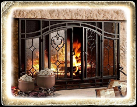 Warmth - winter, fireplace, hot, chocolate, seasons