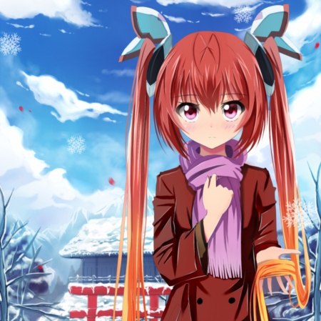 Tail Red - nice, sky, redhead, female, twintail, anime girl, white, home, pretty, cloud, anime, twin tail, cute, gate, adorable, girl, twintails, long hair, winter, snowflakes, red hair, lovely, flakes, kawaii, twin tails, red, snow, shrine, sweet