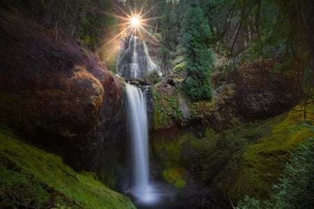 Sun Setting over Forest Waterfall - sunsets, waterfalls, forests, nature