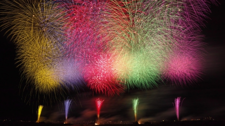 Fireworks - colorful, water, night, fireworks, sky