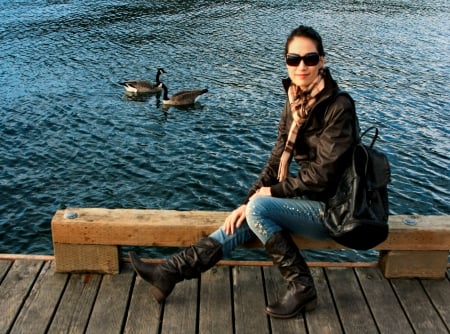 Cowgirl By The Lake - women, fun, female, boots, girls, cowgirls, style, outdoors, lake, ducks, westerns