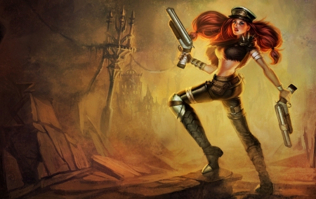 Miss Fortune - woman, gun, redhead, hat, girl, fantasy, miss fortune, art, ship, game, league of legends, pirate