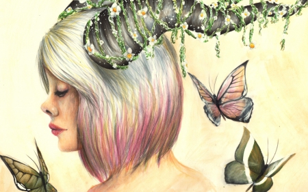 Horned - woman, girl, fantasy, horns, butterfly, art, draw, pink, green, flower