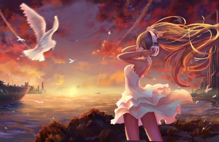 Twilight - horizon, dove, sundress, sunset, anime girl, evening, boat, hatsune miku, long hair, vocaloids, vocaloid, beautiful, dawn, sweet, sunrise, sea, dress, nice, beauty, sky, female, water, ea, miku hatsune, pretty, cloud, anime, miku, scene, ocean, girl, night, lovely, bird, hatsune, pigeon, headphones, scenery