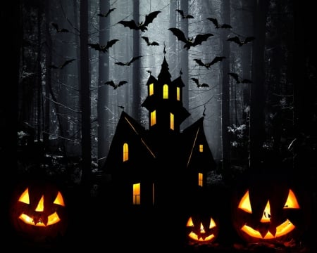 Haunted House - house, trees, branches, pumpkins, Halloween, haunted, haunted house, bats, forests, lights, jack o lanterns, woods