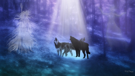 Calling the Spirit - wolves, wolfpack, artwork, light, predators