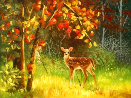 Autumn innocence - pretty, forest, leaves, animal, art, trees, beautiful, roe, lovely, fall, colorful, nature, deer, autumn, painting, serenity, innocence, foliage