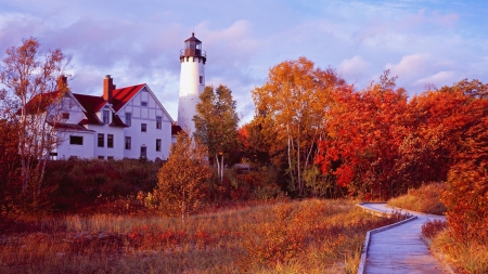 Autumn Lighthouse - trees, lighthouse, maple, walk, fall, autumn, Michigan, sky, Point Iroquois