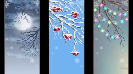 Winter Windows - moon, winter, windows, snow, leaves, tree, holiday, lights, Christmas, sky