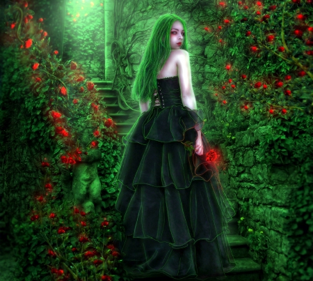 ~The Secret Garden~ - photomanipulation, models, roses, hair, gothic, fantasy, creative pre-made, halloween, digital art, green, lady, gardens, lovely, love four seasons, weird things people wear, beautiful, colors