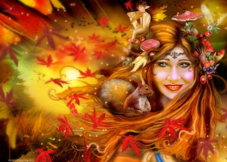 ~Autumn Music~ - pretty, creative pre-made, beautiful, digital art, models, colors, lovely, photomanipulation, leaves, girls, fall, fantasy, autumn, mushrooms, love four seasons