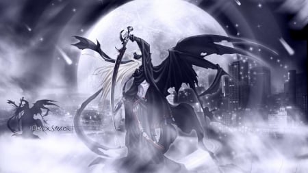 Black Savior - moon, anime, sword, angel, night, cool, dark, sky